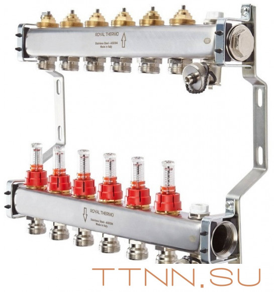 Для отопления Royal Thermo 1" ВР-3/4" НР, 8 выходов с расходомерами, нерж. (RTE 52.108)