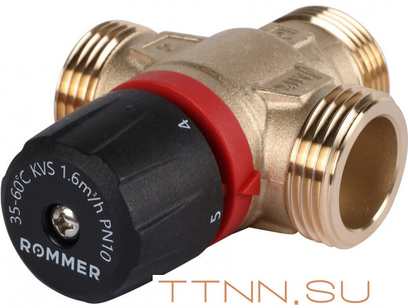 Смесительный клапан Rommer 1" НР 35-60°С KV 1,6 (RVM-0132-166025) боковое смешивание