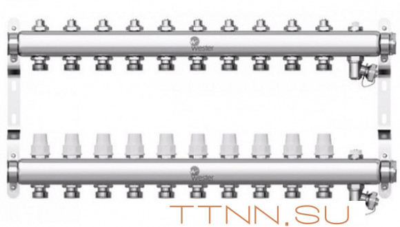 Коллектор нерж. для отопления Wester 1"-3/4 в сборе на 10 выходов с 2 заглушками